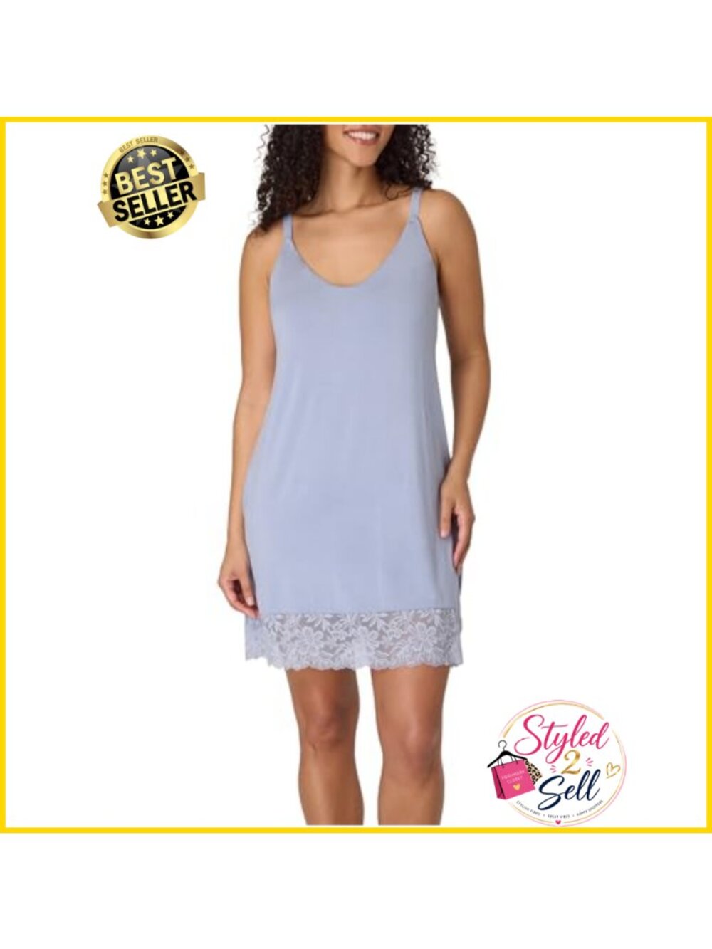 Rayon Spandex Chemise Nightgown with Lace Trim and Adjustable Straps